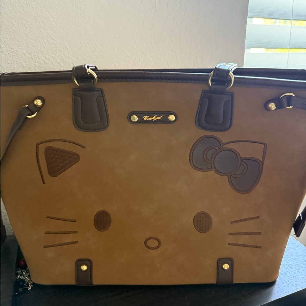 Cute Brown Cat Tote Bag With Bow - Unbranded